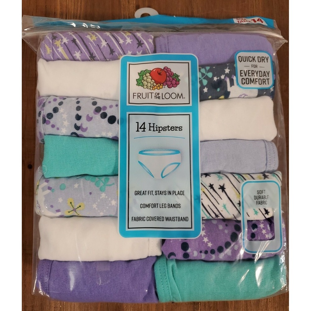 14pk Girls Cotton HIPSTERS Size 14 Underwear Fruit of the Loom PURPLE Patterns